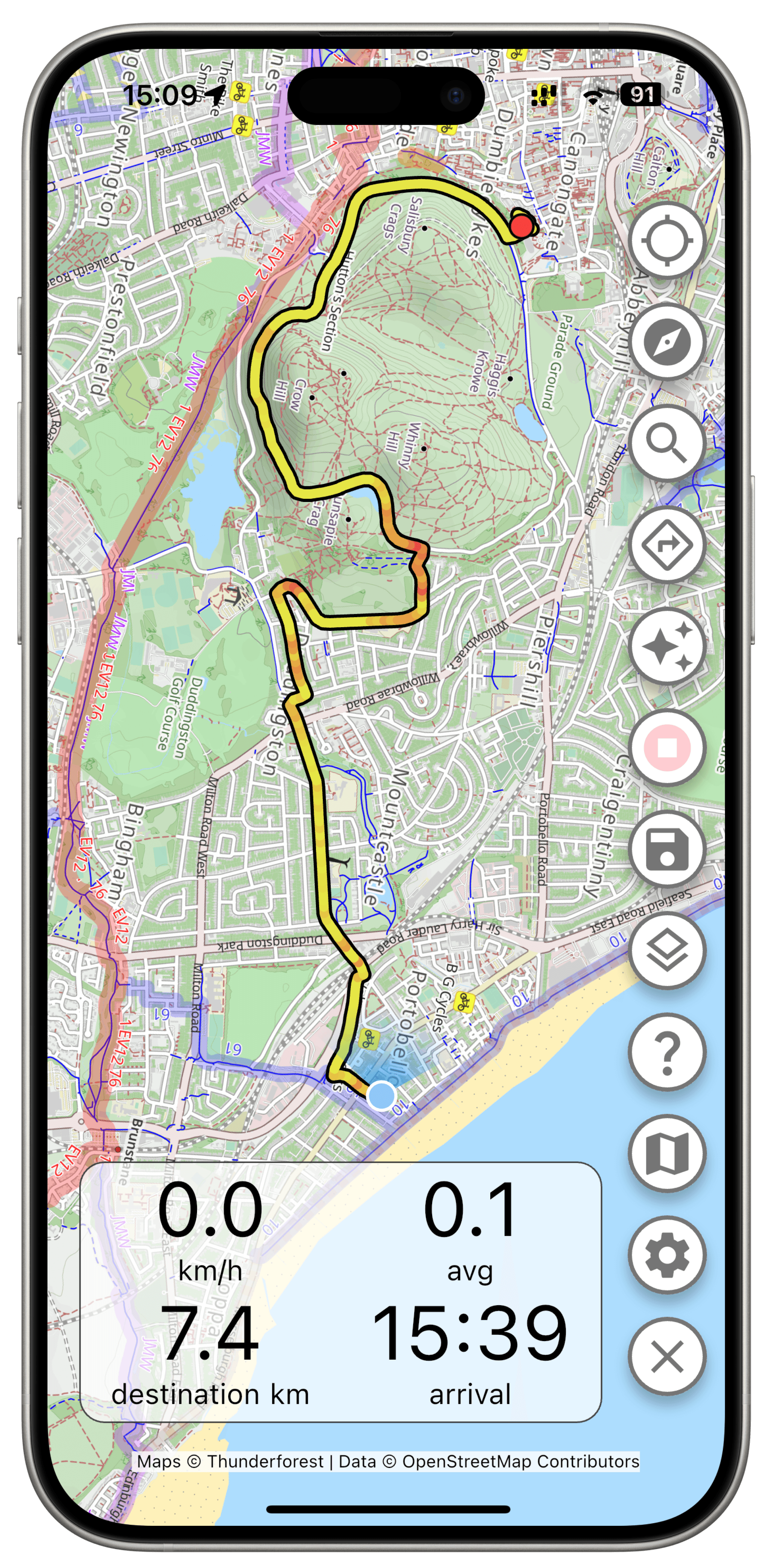 iPhone Screenshot showing a map of a lake surrounded by cycle tracks and woodland